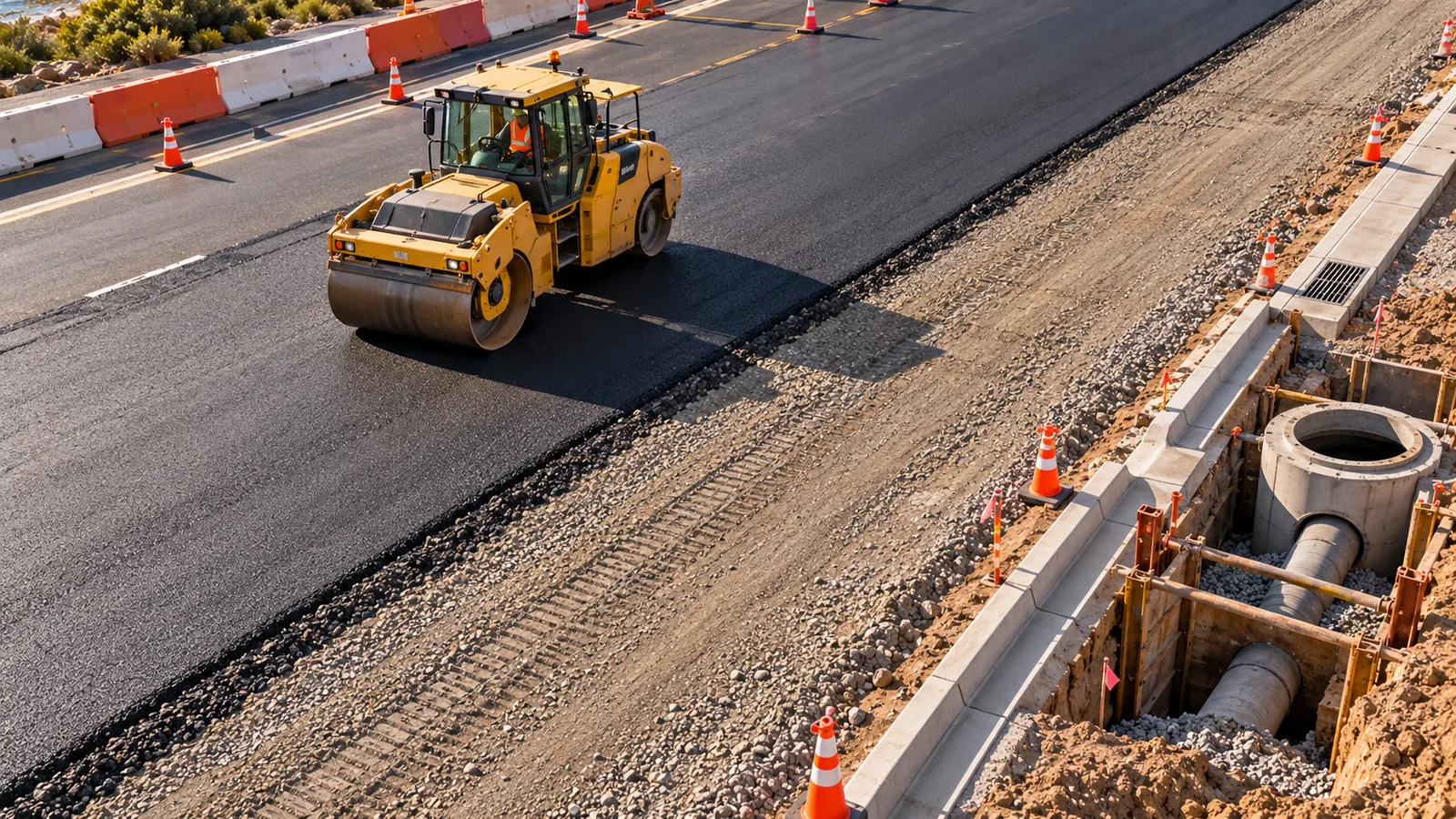 Illustrative view from a drone camera of asphalt paving, a roller and roadside drainage work