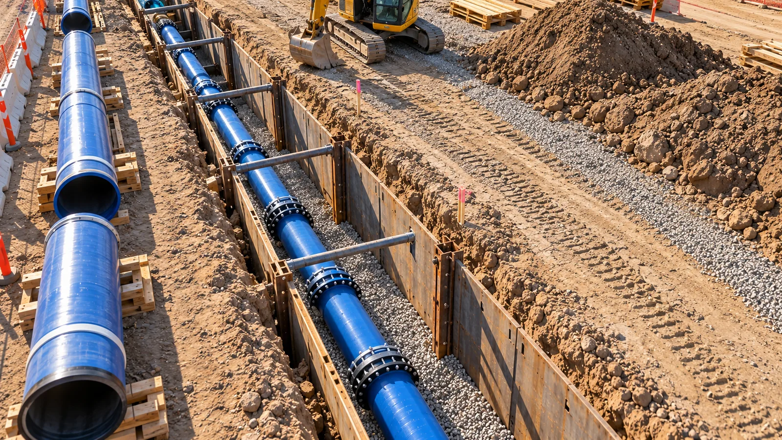 Illustrative downward drone-camera view of a blue water main within a shored trench