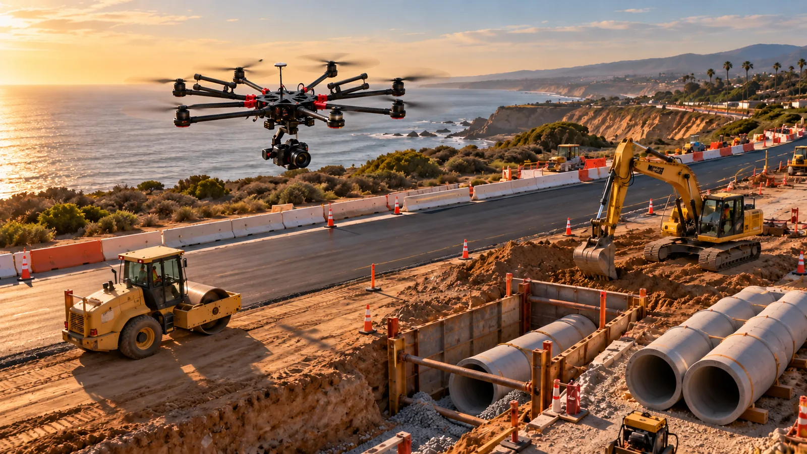 Illustrative DJI S1000 flying low above coastal road and storm-drain construction