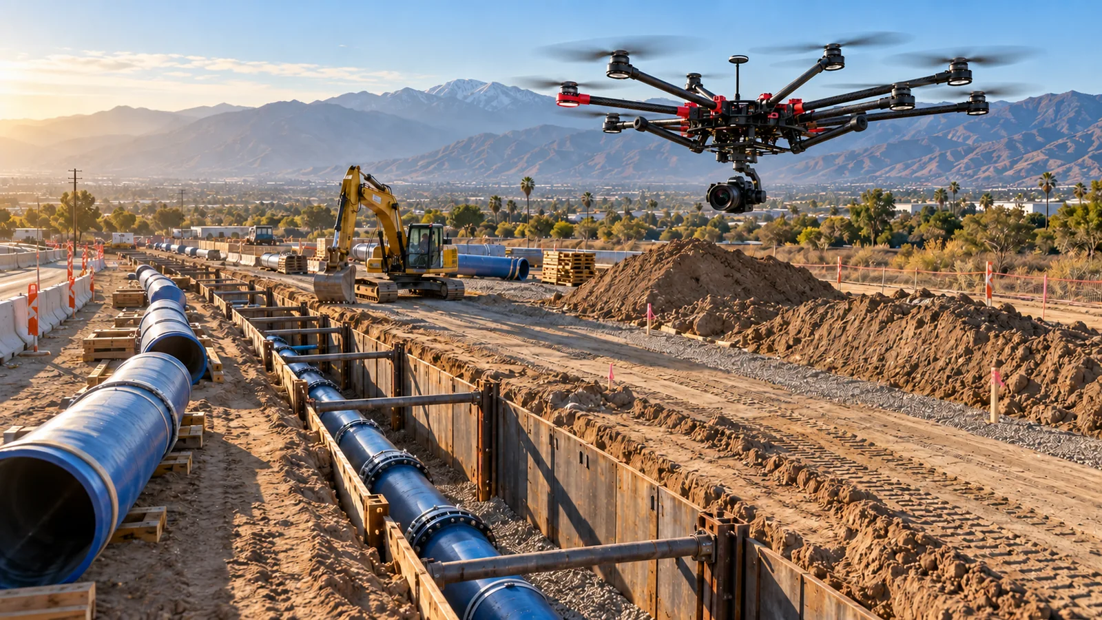 Illustrative DJI S1000 flying low above a water-main installation in Southern California